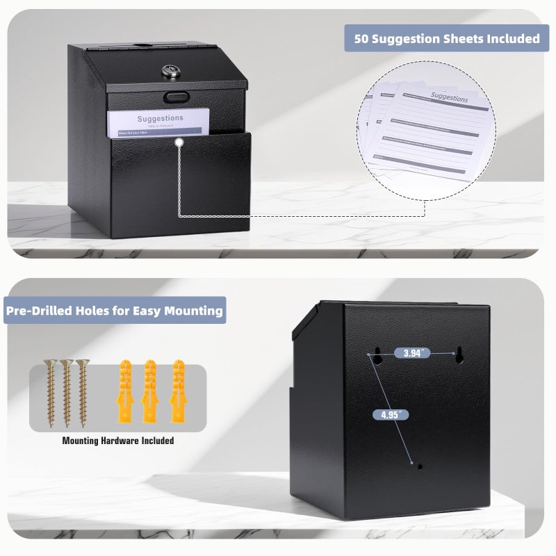 Sumerfnt Suggestion Box with Slot and Lock & 50 Suggestion Sheets Wall Mounted Comment Ballot and Donation Box with Lock Steel Black - Image 5